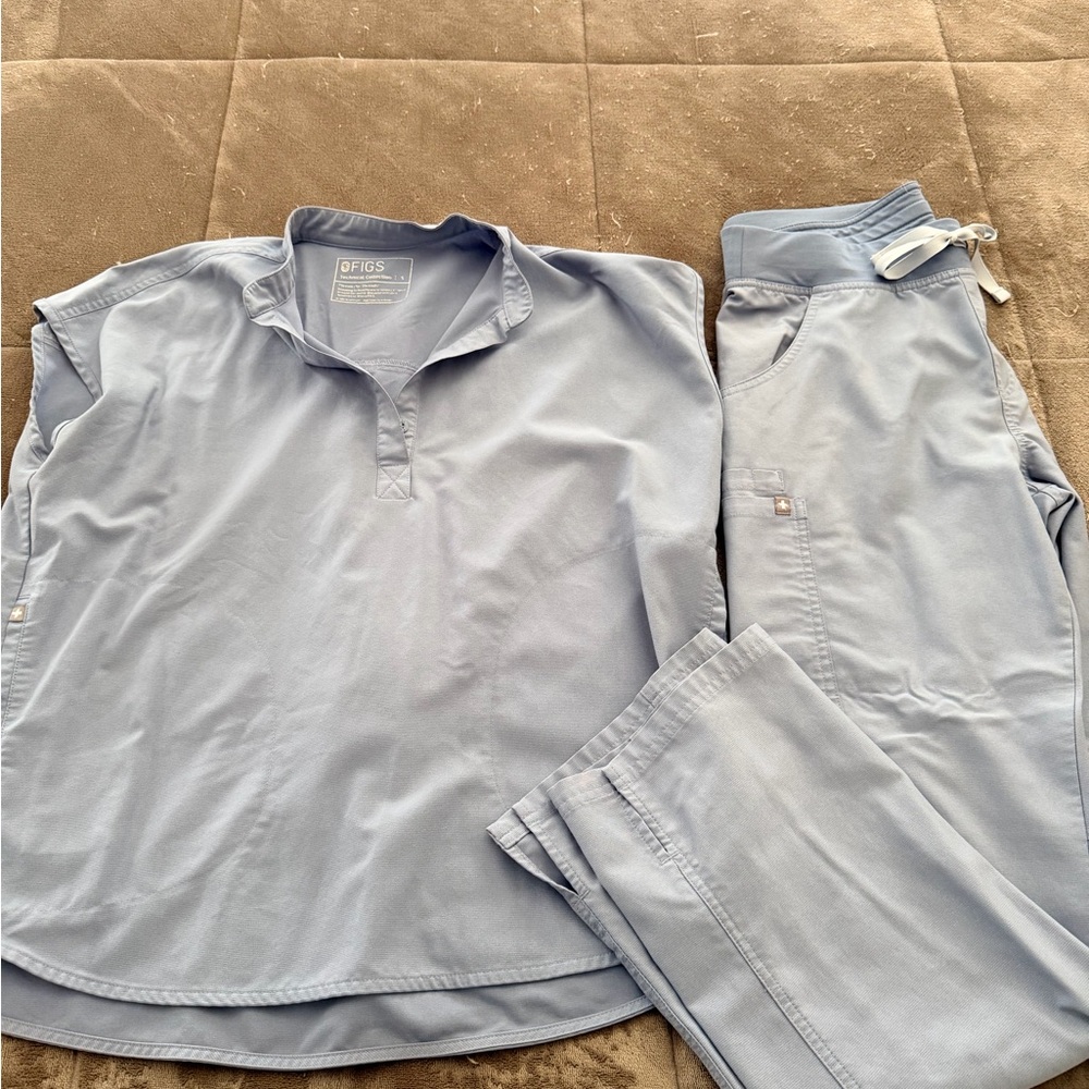 Figs Light Blue Polo Scrub Top & Drawstring Pants